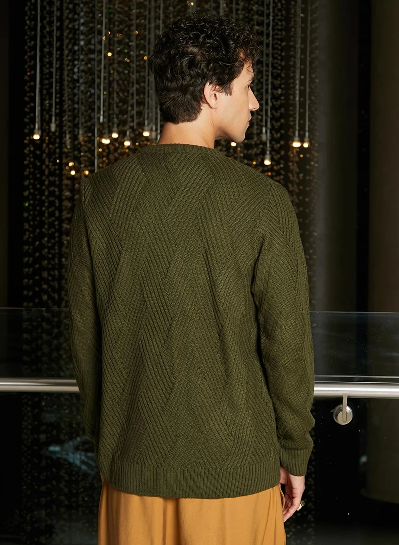 Campus Sutra Men's Army Green Basket-Knit Pullover Sweater