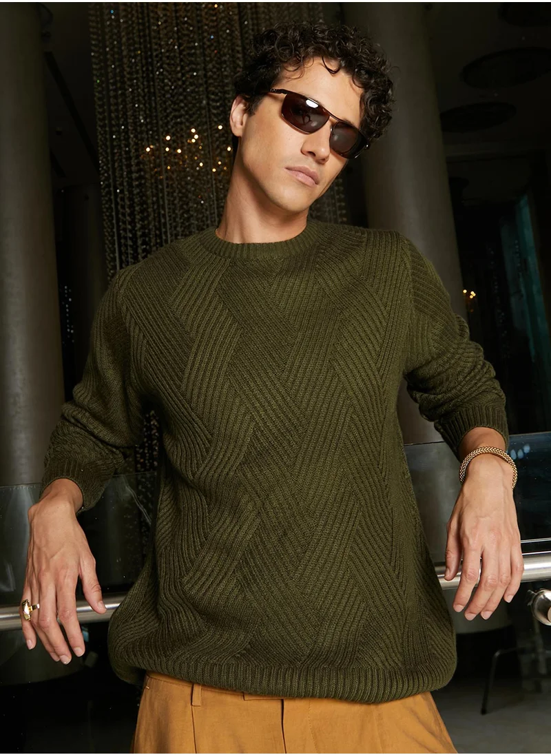 Campus Sutra Men's Army Green Basket-Knit Pullover Sweater