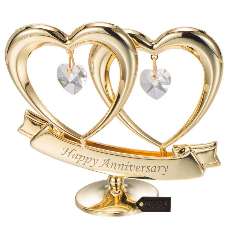 matashi Matashi 24K Gold Plated Anniversary Heart Sculpture with Crystals - Double Heart Statue Happy Anniversary for Couple - Perfect Mothers Day Heart Gift and Premium Quality Cake Topper - Image 1