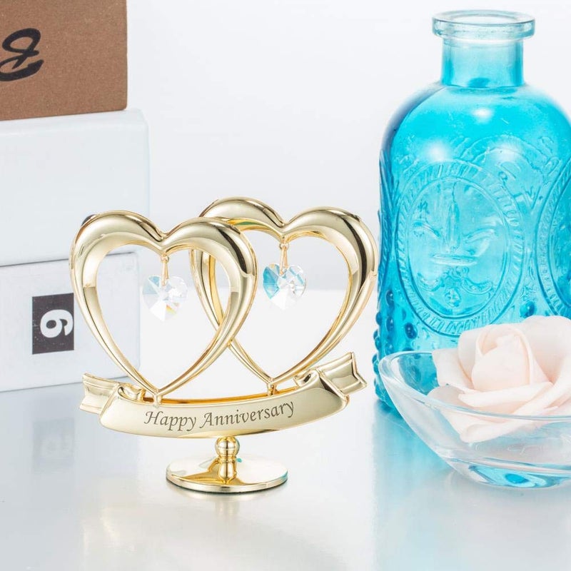 matashi Matashi 24K Gold Plated Anniversary Heart Sculpture with Crystals - Double Heart Statue Happy Anniversary for Couple - Perfect Mothers Day Heart Gift and Premium Quality Cake Topper - Image 5