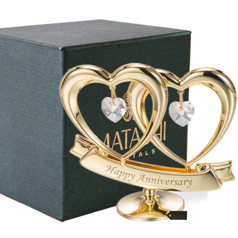 matashi Matashi 24K Gold Plated Anniversary Heart Sculpture with Crystals - Double Heart Statue Happy Anniversary for Couple - Perfect Mothers Day Heart Gift and Premium Quality Cake Topper - Image 2