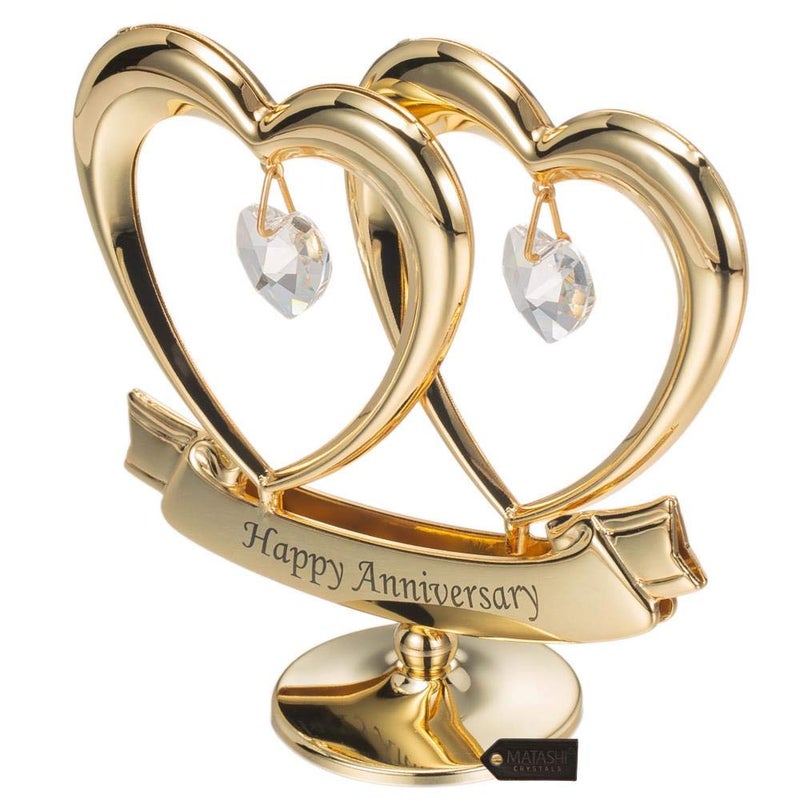 matashi Matashi 24K Gold Plated Anniversary Heart Sculpture with Crystals - Double Heart Statue Happy Anniversary for Couple - Perfect Mothers Day Heart Gift and Premium Quality Cake Topper - Image 4