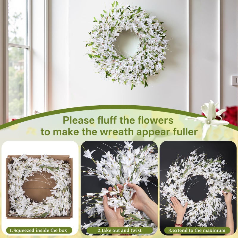 LOKEISNA Spring Wreath White Forsythia Door Wreath, 24 Inch Summer Wreaths for Front Door Outside, Artificial Handmade Forsythia Flower Wreath for Front Door Window Wall Indoor Outdoor DÃ©cor Gift - Image 4