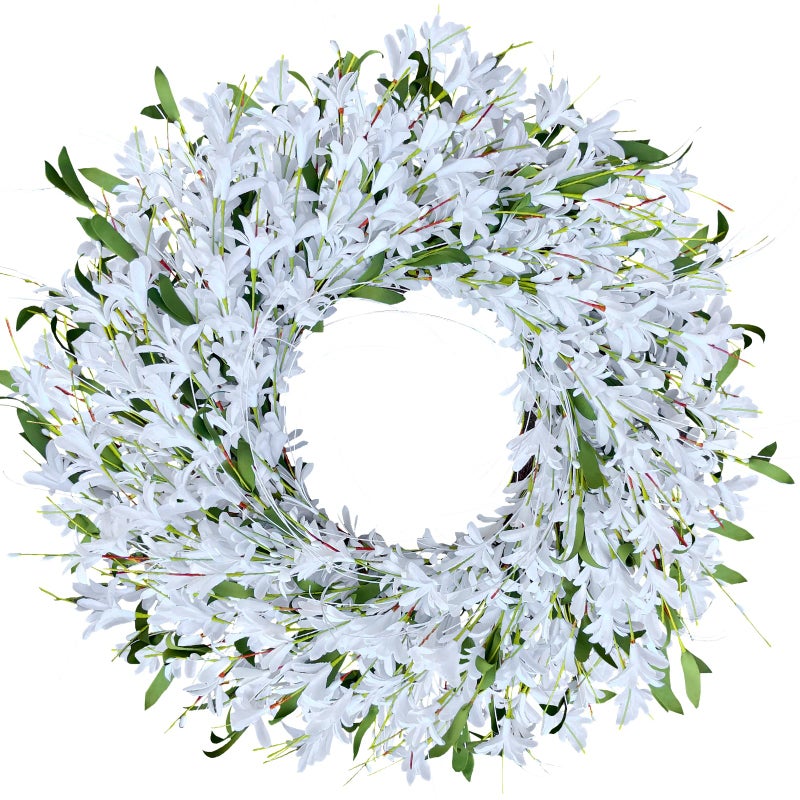 LOKEISNA Spring Wreath White Forsythia Door Wreath, 24 Inch Summer Wreaths for Front Door Outside, Artificial Handmade Forsythia Flower Wreath for Front Door Window Wall Indoor Outdoor DÃ©cor Gift - Image 1