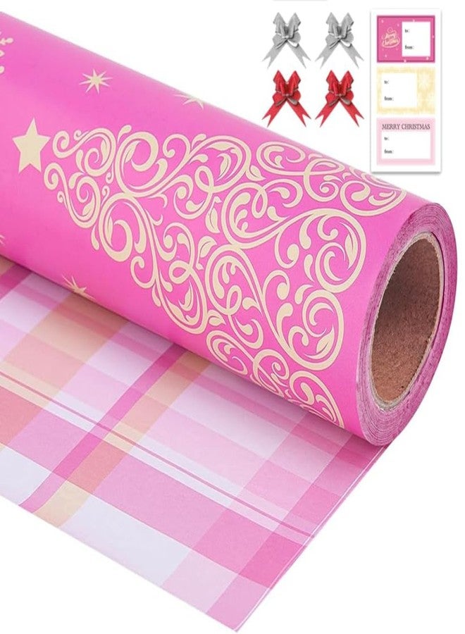 EWES Pink Christmas Wrapping Paper Rolls Cute Kids Reversible Tree Thick Aesthetic Elegant Gift Wrap Sheets Heavy Duty Girls Girly Princess Total 28.5sq.ft - Image 1