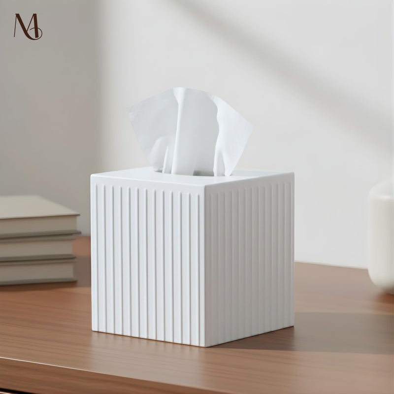 Monarch Abode Tissue Box Cover Square â€“ Handcrafted Ridge Embossed White Metal Tissue Holder Box for Bathroom Accessory, Aesthetic Decorative Facial Napkin Cube for Modern Home Decor - Image 2