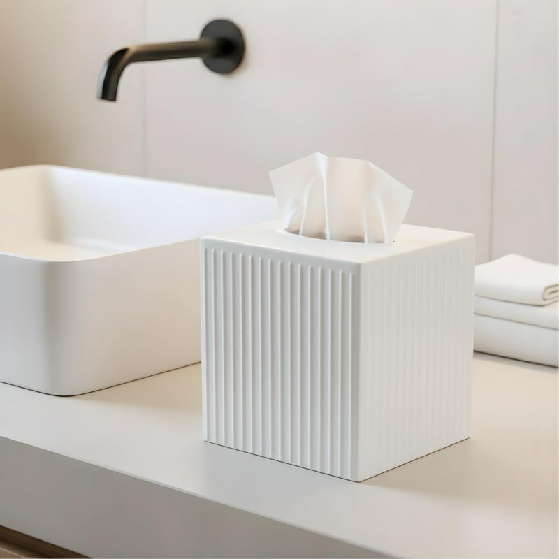 Monarch Abode Tissue Box Cover Square â€“ Handcrafted Ridge Embossed White Metal Tissue Holder Box for Bathroom Accessory, Aesthetic Decorative Facial Napkin Cube for Modern Home Decor - Image 3