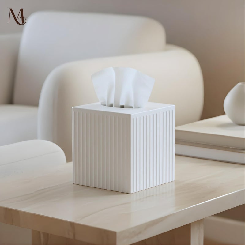Monarch Abode Tissue Box Cover Square â€“ Handcrafted Ridge Embossed White Metal Tissue Holder Box for Bathroom Accessory, Aesthetic Decorative Facial Napkin Cube for Modern Home Decor - Image 4