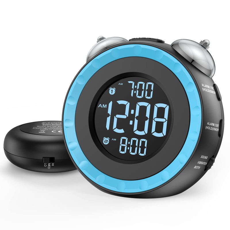 uscce Loud Dual Alarm Clock with Bed Shaker 0100 Dimmer Vibrating Alarm Clock for Heavy Sleepers or Hearing Impaired Easy to Set USB Charging Port Snooze Battery Backup Blue