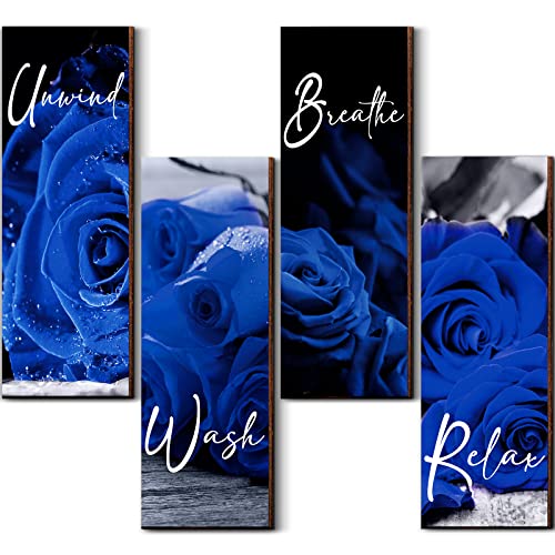 Yookeer Set of 4 Rose Bathroom Wall Art Wooden Flower Restroom Decor Rustic Romantic Floral Farmhouse Modern Breathe Wash Unwind Relax Sign for Living Room Home 10 x 4 InchBlue 