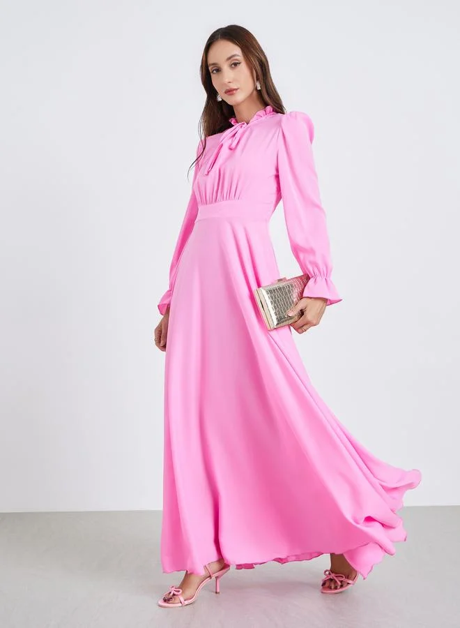 Take Two Women Pink Tie-up Neck Pleated Maxi Dress