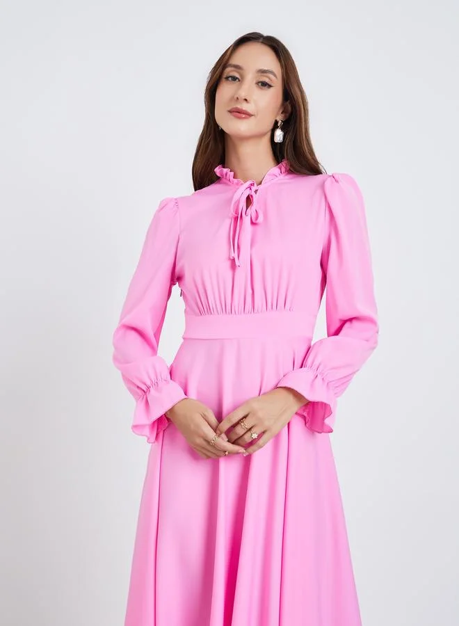 Take Two Women Pink Tie-up Neck Pleated Maxi Dress