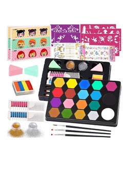 37 PCS Face Painting Kits for Kids, 19 Colors Water Based  Quick Dry Body Face Paint Set with 35 Stencils  3 Brushes,Sticker,Sponge, Professional  Makeup Kit E aster Carnival