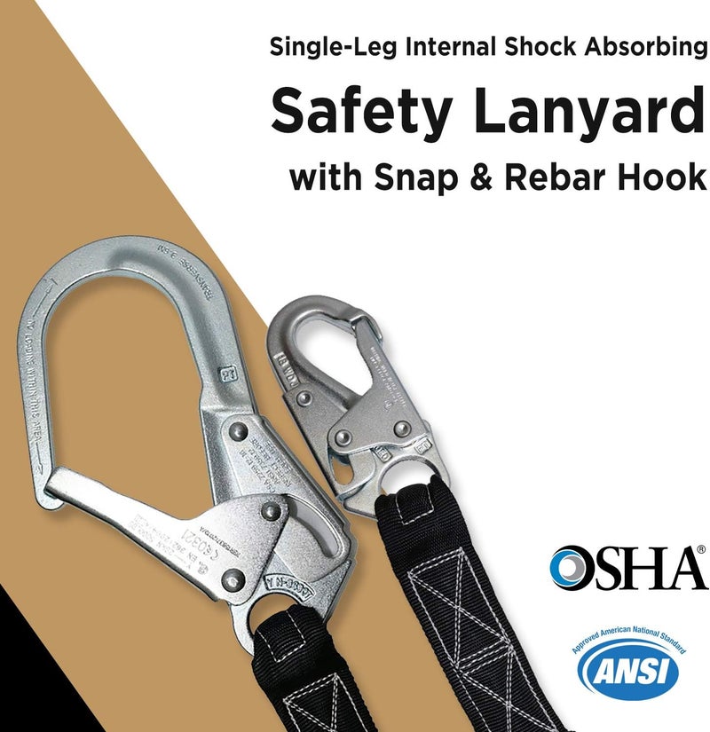afp 6FT Single Leg Internal Shock Absorbing Safety Fall Protection Lanyard with Pelican Rebar & Snap Hook |Heavy-Duty Webbing | Roofer, Construction, Scaffolding PPE | OSHA & ANSI Rated - Image 2