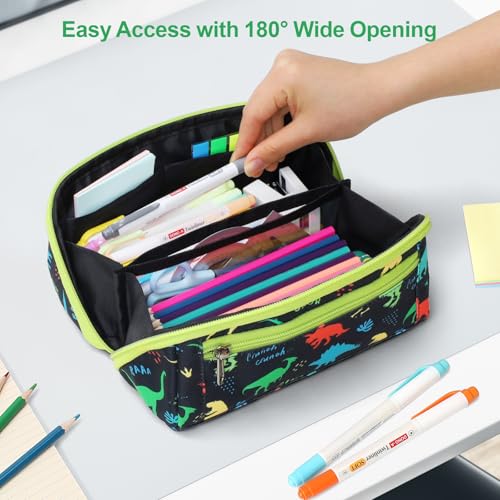 BrainyBees Pencil Case for Boys - Large Capacity Pencil Pouch for Kids Wide Opening Pencil Bag with 8 Compartments Cute Soft Pencil Box for School (Black Dinosaur) - Image 5