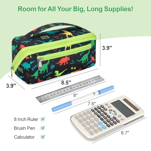 BrainyBees Pencil Case for Boys - Large Capacity Pencil Pouch for Kids Wide Opening Pencil Bag with 8 Compartments Cute Soft Pencil Box for School (Black Dinosaur) - Image 3