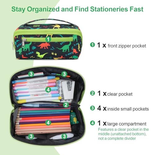 BrainyBees Pencil Case for Boys - Large Capacity Pencil Pouch for Kids Wide Opening Pencil Bag with 8 Compartments Cute Soft Pencil Box for School (Black Dinosaur) - Image 4