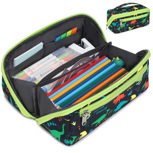BrainyBees Pencil Case for Boys - Large Capacity Pencil Pouch for Kids Wide Opening Pencil Bag with 8 Compartments Cute Soft Pencil Box for School (Black Dinosaur) - Image 1
