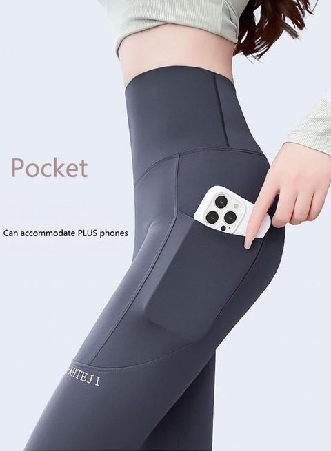 Leggings for Women with Pockets High Waisted, Soft Gym Athletic Workout Tummy Control Work Tights Yoga Pants with Side Phone Pockets for Sports Exercise Running ，Grey