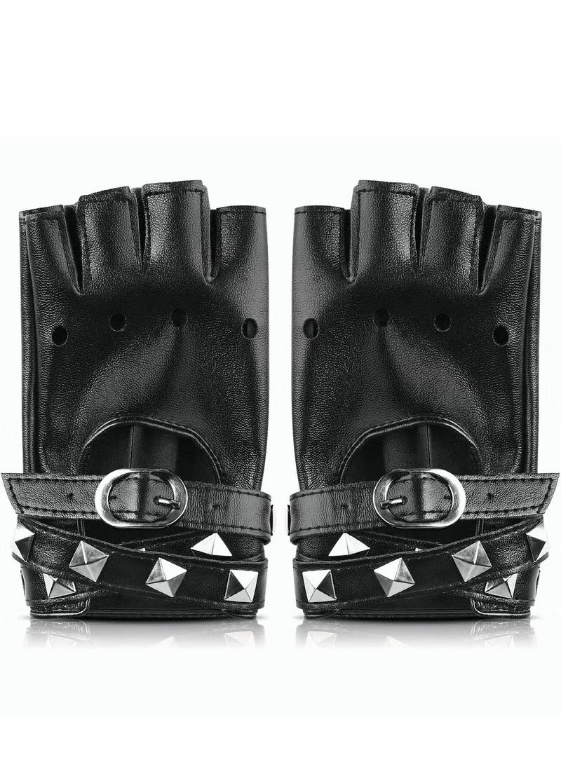 Leather Punk Gloves, Fingerless Gloves for Women, Driving, Cycling, Sports, Cosplay, Performance Half Finger Gloves for Women, Teens, Kids (Black)  - Image 2