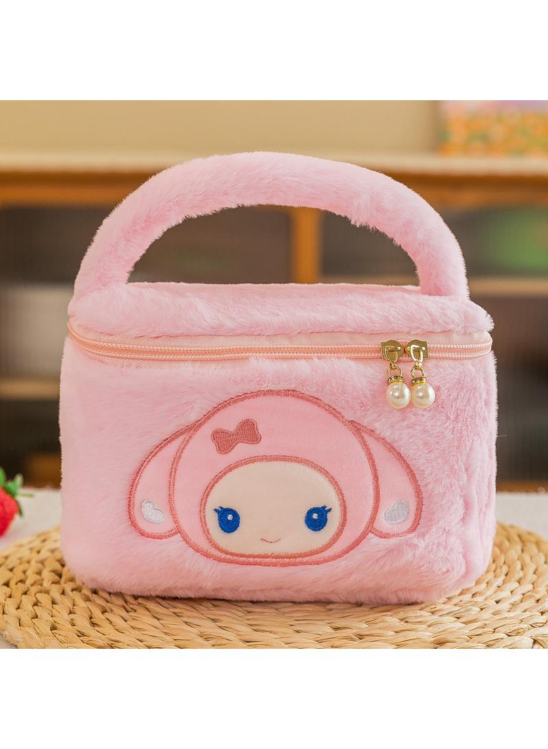 Y&D Cute Plush Mymelody Makeup Bag handbag  Open Flat Travel Toiletry Accessories Organizer Cosmetic Pouch with Handle for Cosmetics Brushes Toiletry Jewelry
