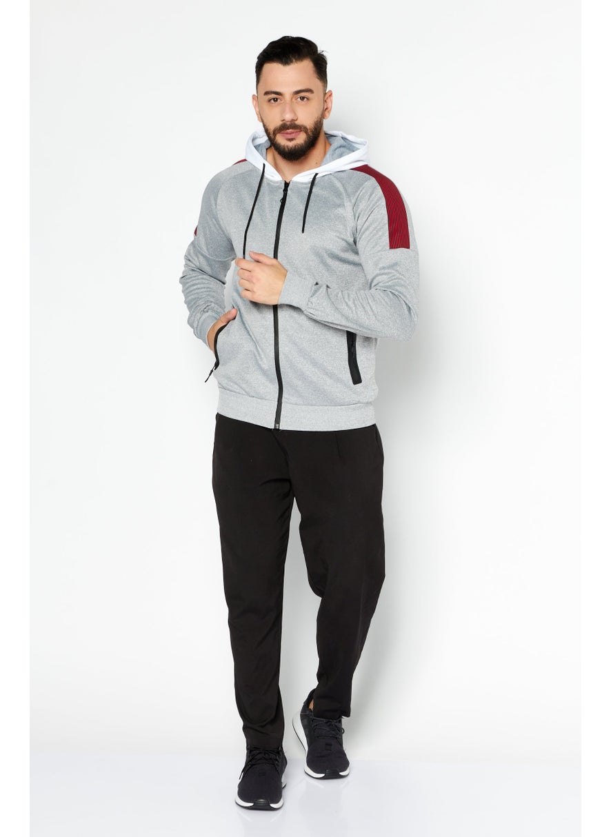 Cultura New York Men Hooded Full Zipper Textured Sweatshirt, Grey Combo  - Image 3