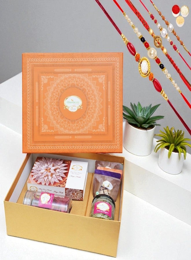 Jaiccha Ghasitaram Gifts Jaiccha Rakhi for Brother - Orange Hamper Box of Kaju Katlis, Namkeen and Dryfruit- Ohb-3 with 5 Rakhi - Image 1