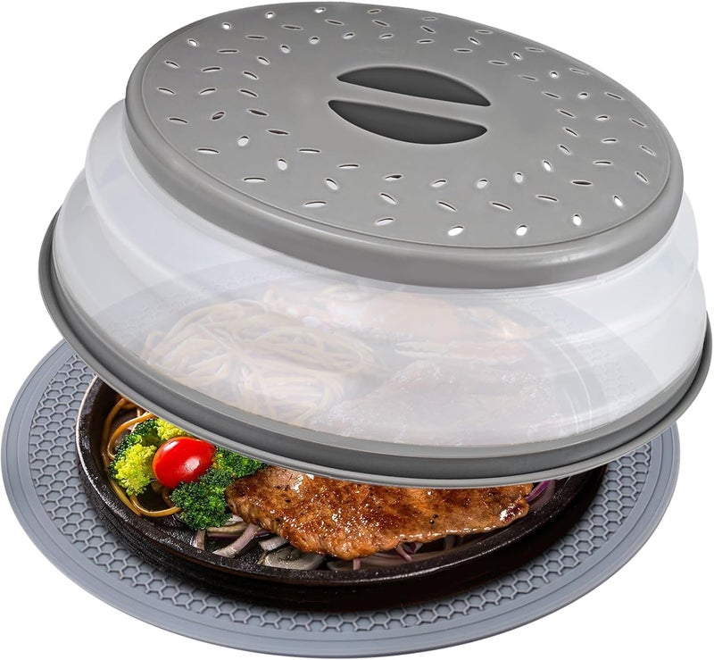 GLICPIX Microwave Cover for Food and Silicone Mat Collapsible Microwave Splatter Cover, Microwave Plate & Dish Cover with Easy Grip Handle, BPA-Free, 10.5” Cover&12.2” Mat, Dishwasher Safe (Grey) - Image 1