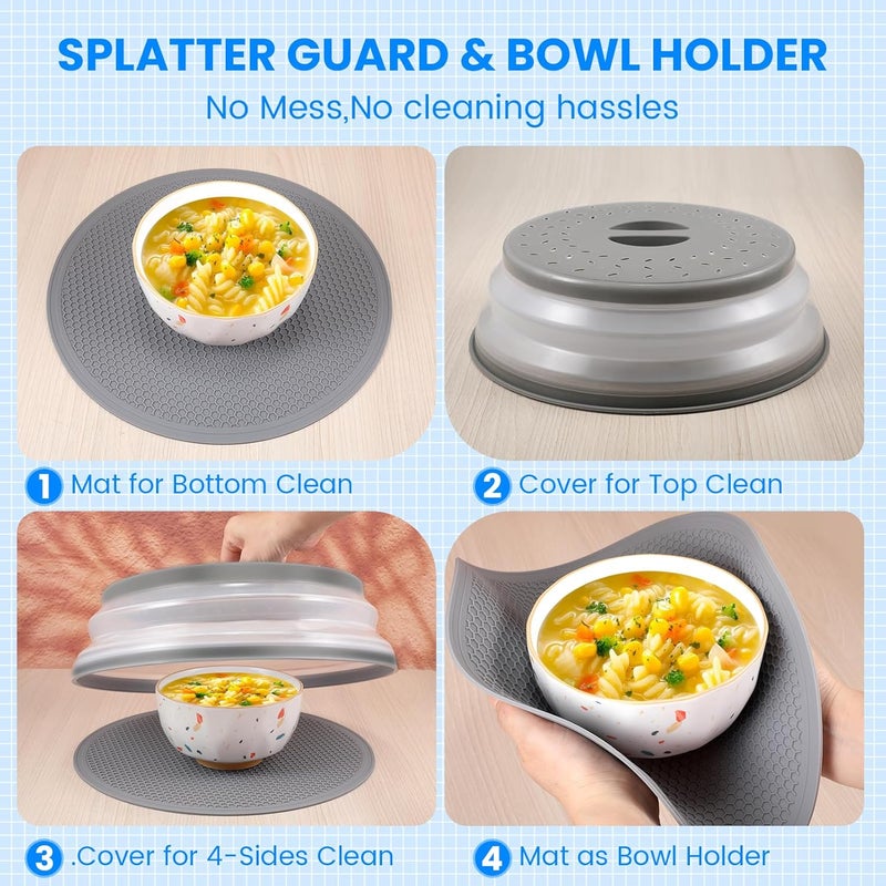 GLICPIX Microwave Cover for Food and Silicone Mat Collapsible Microwave Splatter Cover, Microwave Plate & Dish Cover with Easy Grip Handle, BPA-Free, 10.5” Cover&12.2” Mat, Dishwasher Safe (Grey) - Image 4
