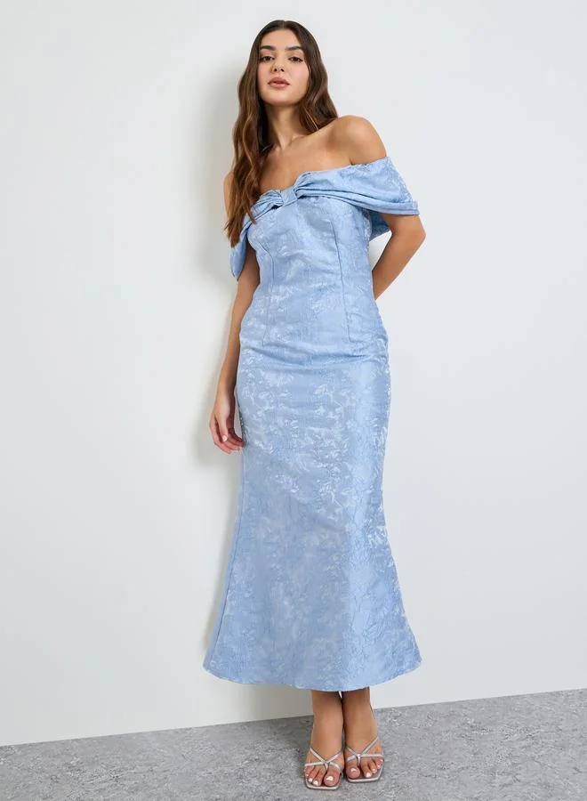 تايك تو Blue Off Shoulder Jacquard Maxi Dress