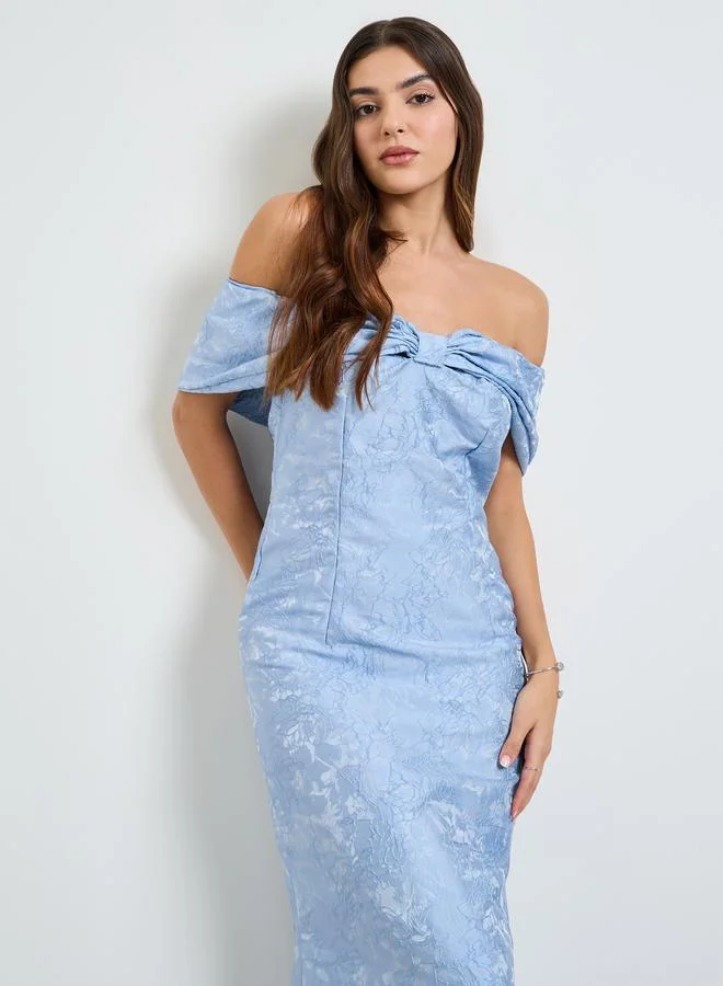 تايك تو Blue Off Shoulder Jacquard Maxi Dress
