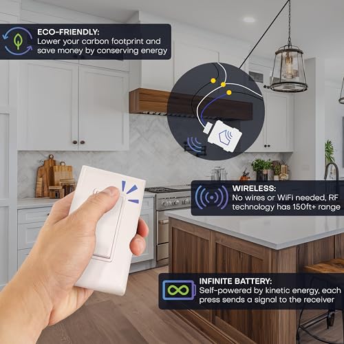 RunLessWire Single Pole Battery-Free DIY Wireless Light Switch Kit 150ft RF Range Self-Powered by Kinetic Energy for Fixtures & Outlets : 1 Remote Switch Controls 1 5A On/Off Receiver – White - Image 2