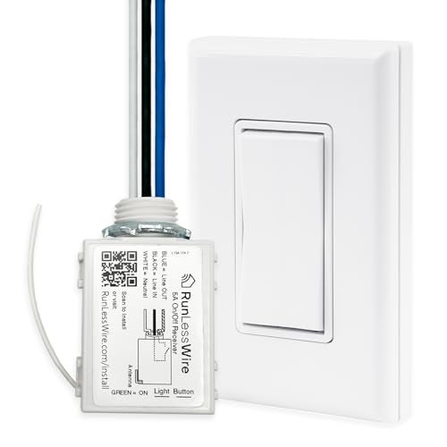 RunLessWire Single Pole Battery-Free DIY Wireless Light Switch Kit 150ft RF Range Self-Powered by Kinetic Energy for Fixtures & Outlets : 1 Remote Switch Controls 1 5A On/Off Receiver – White - Image 1