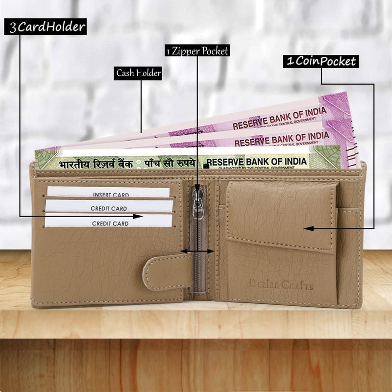 Dezire Crafts PU Leather Wallet for Men | Slim & Stylish | 3 Card Pockets, 1 Zipper Pocket, 1 Coin Pocket, 1 Currency Compartment, 2 Hidden Pockets (Cream) - Image 2