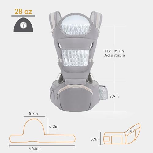 Clefairy Baby Carrier with Hip Seat,Ergonomic M Position 6in1 Baby Carrier Newborn to Toddler,Head Support and Breathable Mesh Newborn Carrier,Adjustable Baby Holder Carrier for Dad&Mom-Grey - Image 4