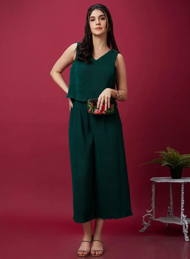 Globus  V Neck Accordion Pleats Wide Leg Jumpsuit for Women | Best Price UAE