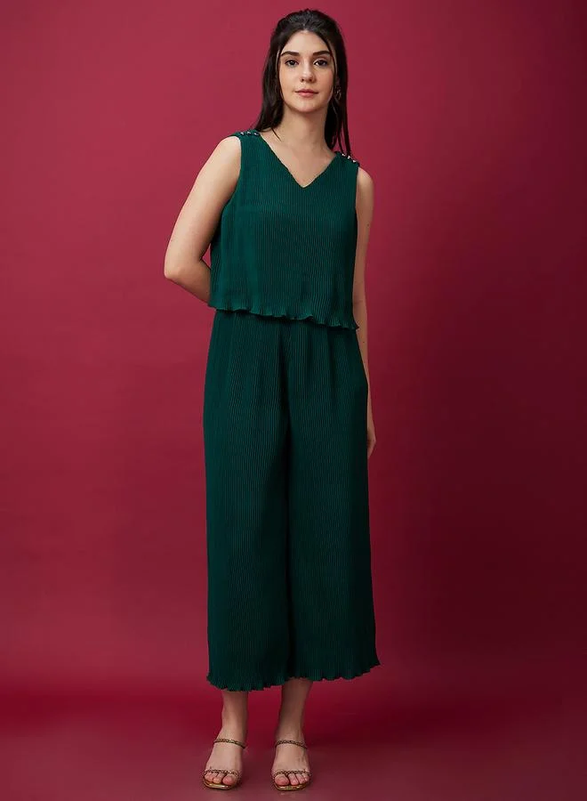 Globus  V Neck Accordion Pleats Wide Leg Jumpsuit for Women | Best Price UAE
