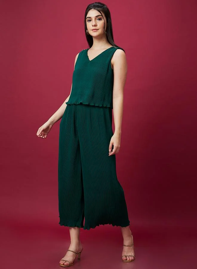 Globus  V Neck Accordion Pleats Wide Leg Jumpsuit for Women | Best Price UAE