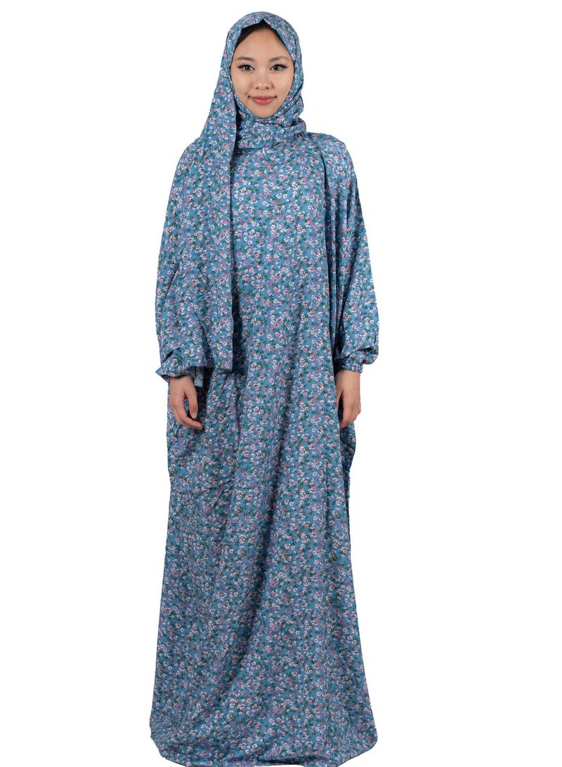 أبشر فستان صلاة بطبعة زهور، طول كامل مع شال، جلابية إسلامية من قطعة واحدة بأكمام طويلة، مقاس واحد