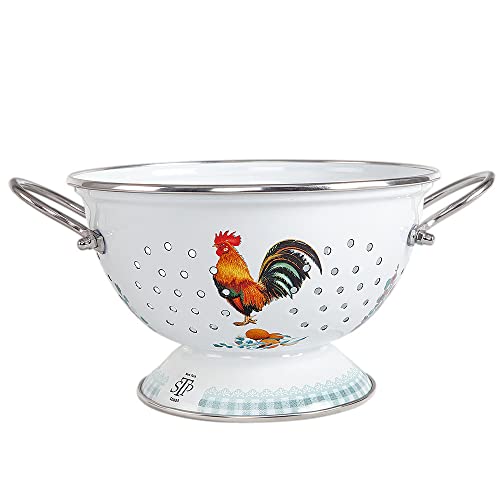 STP GOODS Enameled Aluminum Fine Mesh Strainer Drainer for Food Enamel Colander/Strainer 2.6 Qt (2.5 L) Pasta Drainer with Handle Rice Strainer (Golden Rooster) - Image 1