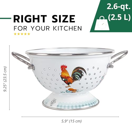 STP GOODS Enameled Aluminum Fine Mesh Strainer Drainer for Food Enamel Colander/Strainer 2.6 Qt (2.5 L) Pasta Drainer with Handle Rice Strainer (Golden Rooster) - Image 3