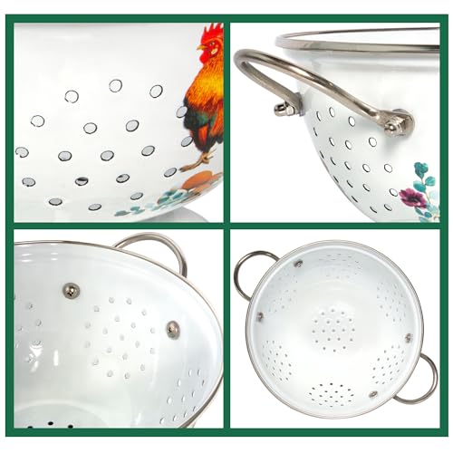 STP GOODS Enameled Aluminum Fine Mesh Strainer Drainer for Food Enamel Colander/Strainer 2.6 Qt (2.5 L) Pasta Drainer with Handle Rice Strainer (Golden Rooster) - Image 4