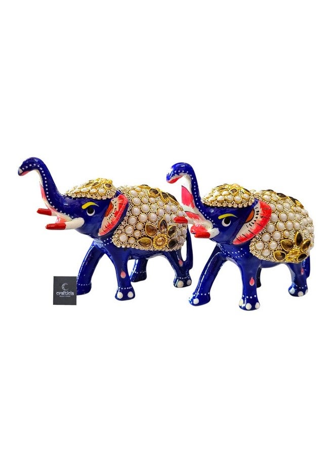 BitKnots Metal Meenakari Trunk Up Elephant Set of 2 Statue with Stone Work Figurine for Fengshui or Vaastu Showpiece (3 inch, Blue) - Image 2