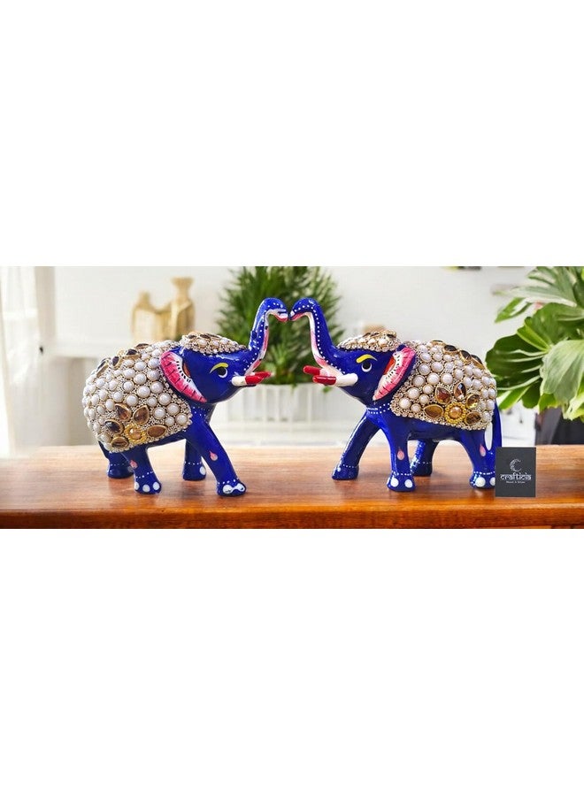 BitKnots Metal Meenakari Trunk Up Elephant Set of 2 Statue with Stone Work Figurine for Fengshui or Vaastu Showpiece (3 inch, Blue) - Image 1