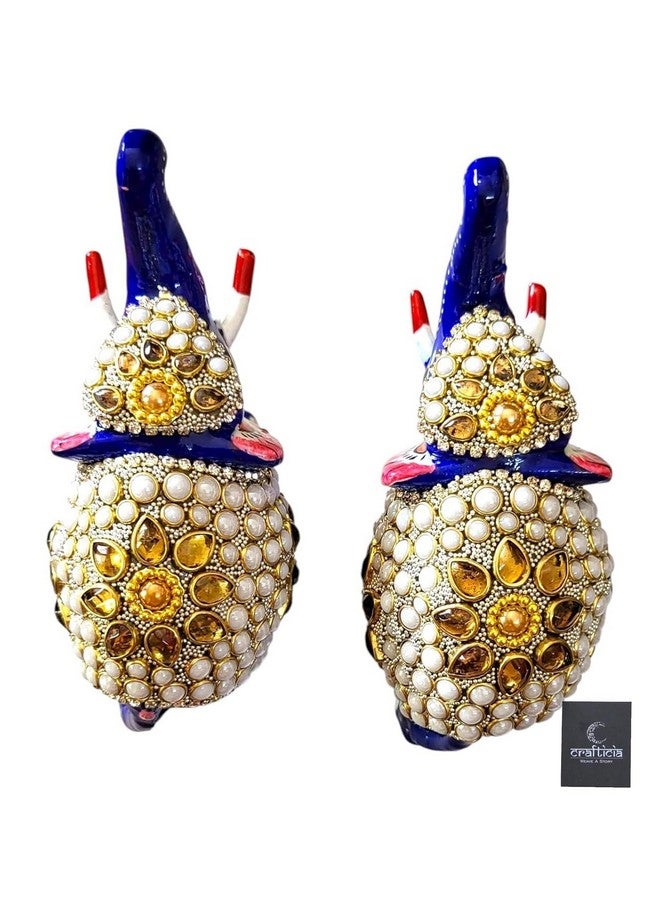 BitKnots Metal Meenakari Trunk Up Elephant Set of 2 Statue with Stone Work Figurine for Fengshui or Vaastu Showpiece (3 inch, Blue) - Image 4