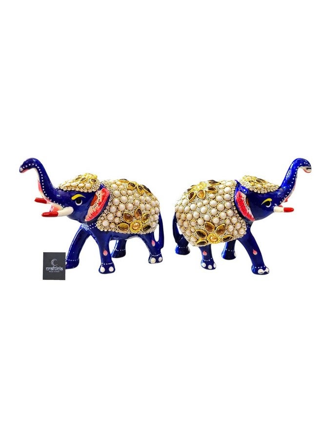 BitKnots Metal Meenakari Trunk Up Elephant Set of 2 Statue with Stone Work Figurine for Fengshui or Vaastu Showpiece (3 inch, Blue) - Image 3