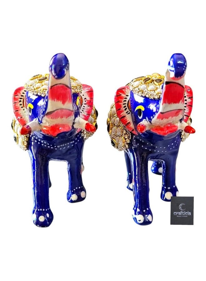 BitKnots Metal Meenakari Trunk Up Elephant Set of 2 Statue with Stone Work Figurine for Fengshui or Vaastu Showpiece (3 inch, Blue) - Image 5