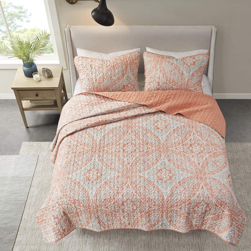 كومفورت سبيسيس مجموعة لحاف قابلة للعكس من - تصميم خياطة الفيرميسيلي لجميع الفصول، خفيف الوزن، غطاء سرير لحاف، مع أغطية وسائد مطابقة، مقاس كينغ (104 بوصة × 90 بوصة)، غلوريا دمشق مرجاني 3 قطع - Image 3