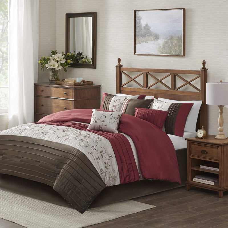 Madison Park Serene Faux Silk Comforter Set  Floral Embroidery Design All Season Bedding Set Matching Bed Skirt Decorative Pillows Red Queen90x90 7 Piece