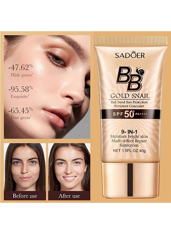 SADOER BB Gold Snail Cream with SPF 50, 9 in 1 BB Cream Sunscreen SPF 50 Waterproof Sweatproof, Foundation Full Coverage Tinted Moisturizer, Facial Concealer for Oily Skin, Dry Skin （Ivory  40g） - Image 3